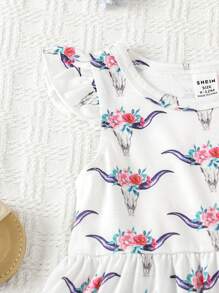 女婴有趣可爱的波尔卡圆点、条纹、花卉印花盖袖连衣裙，配有头带和尿布套 3 件套 - 彩色 - 查看 3