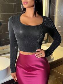 Allurite Shiny Silk Long-sleeved Tight Short T-shirt - Black - View 3