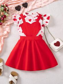 SHEIN Top Con Corpiño De Volantes Y Vestido Tipo Pinafore Para Niña Con Diseño De Corazones