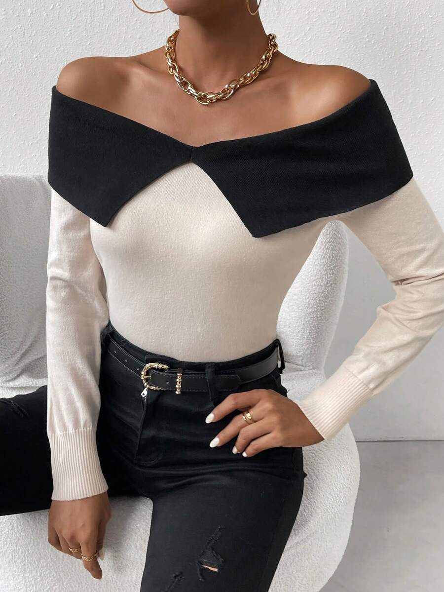 SHEIN Frenchy Của phụ nữ Màu thuần Tương phản Off Shoulder Áo len - Nhiều màu - Xem 1