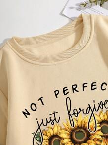 SHEIN EZwear 女雛菊和標語印花抓絨運動衫 - 杏色 - 查看 8