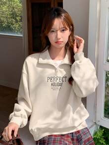 DAZY Nửa Zip Giải trí Áo nỉ Với In - Màu be - Xem 3