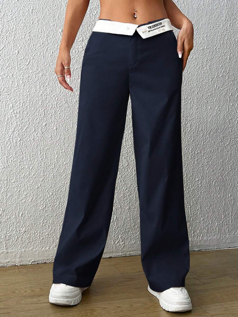 SHEIN EZwear 顏色拼接高腰字母印花褲子 - 藏蓝色 - 查看 1