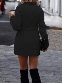 SHEIN LUNE Waist-tied Woolen Coat - Black - View 2