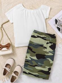 SHEIN Young Girl 1pc Slogan Print T-Shirt And 1pc Camouflage Skirt Set - Multicolor - View 2