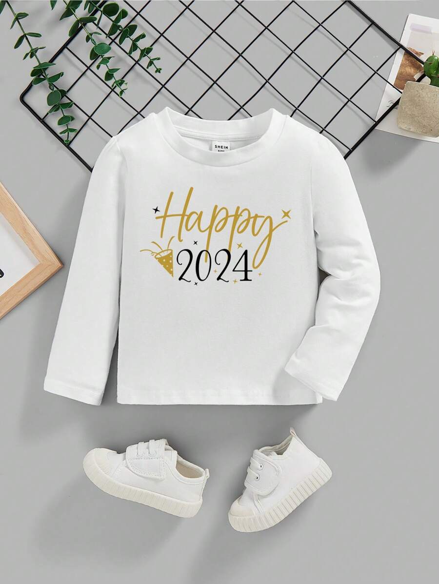 Baby Boys' Casual New Year's Eve 2024 Pattern Long Sleeve Round Neck Top Suitable For Autumn - White - View 1