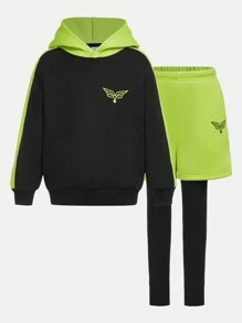 SHEIN Boys' Color-Block Hooded Sportswear And 2 In 1 Pants Outfit Set