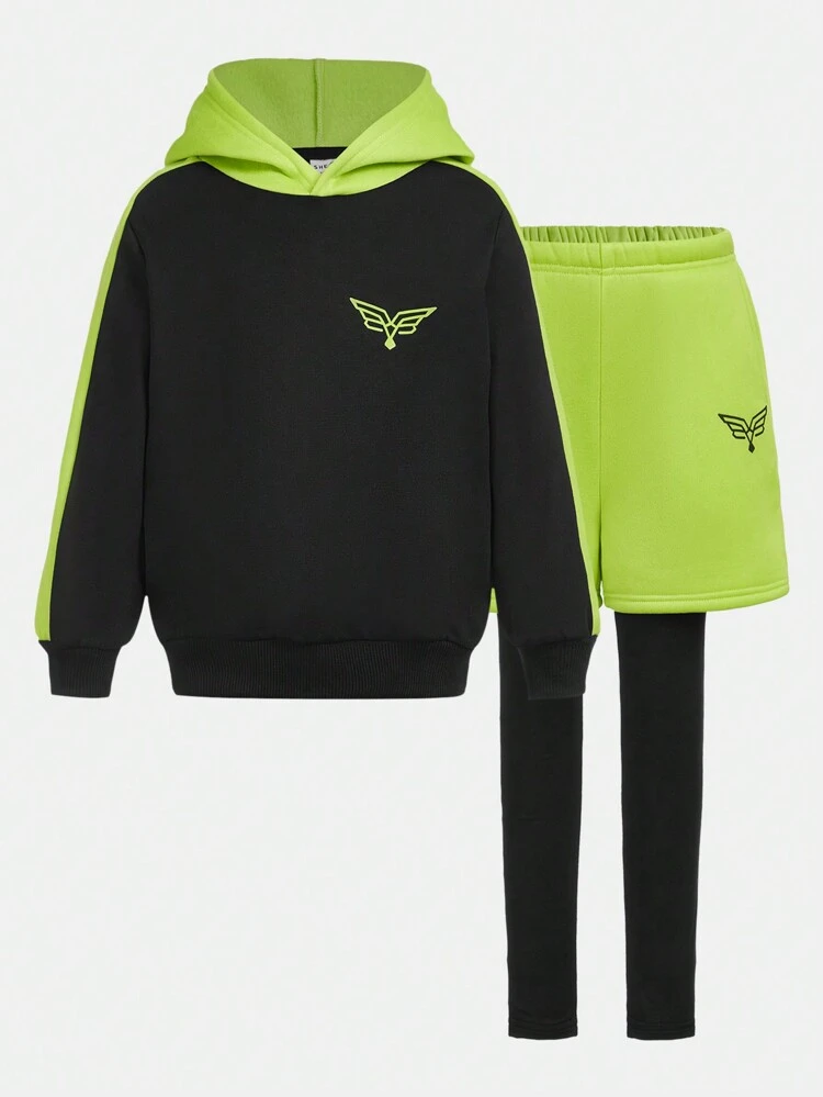 Boys' Color-Block Hooded Sportswear And 2 In 1 Pants Outfit Set