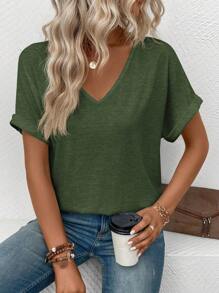 EMERY ROSE Solid Color V-neck Short Sleeve T-shirt - Army Green - View 5