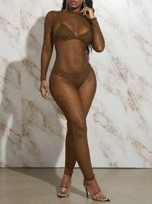 Slaydiva Women'S Rhinestone Embellished Sheer Mesh Unitard Jumpsuit - Brown - View 1