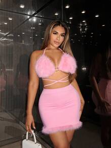 SHEIN SXY Patchwork Cat Print Halter Neck Sexy Two Piece Set - Pink - View 1