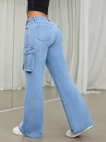 SHEIN ICON 低腰喇叭口裝扮褲 - 中等水洗藍 - 查看 3