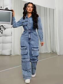 SHEIN ICON Của phụ nữ Cargo Denim Áo liền quần - Rửa trung bình - Xem 4