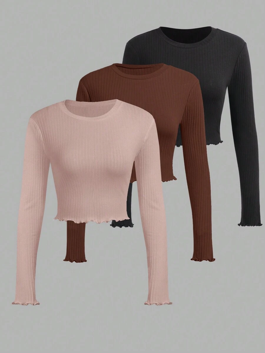 SHEIN EZwear Ladies' Solid Texture Stripe Long Sleeve T-shirt - Brown - View 1