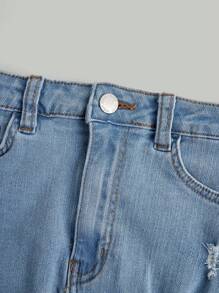 SHEIN Girlism 青少女破損牛仔迷你裙 - 淺色水洗藍 - 查看 3