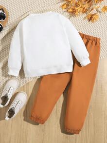 SHEIN Young Girl Letter Print Top And Solid Color Loose Fit Jogger Pants Daily 2pcs Outfit - Multicolor - View 2