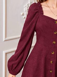 SHEIN Cô gái Màu thuần Vải to sợi Đầm giản dị Với Người yêu Vòng cổ Và Tay áo đèn lồng - Màu Đỏ Sâu - Xem 4