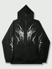 ROMWE MEN Men's Gothic Print Hooded Sweatshirt - Black - View 1