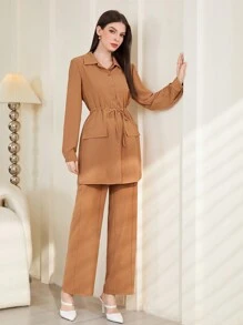 Mulvari Drawstring Waist Flip Detail Shirt And Pants Set 2 Piece Set - Khaki - View 6