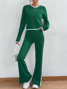 SHEIN Unity Vá lại Vòng cổ Giải trí Áo len dệt kim 2 cái/bộ - màu xanh lá - Xem 6