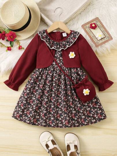 SHEIN Vintaside Kids 年轻女孩复古风格碎花喇叭袖二合一连衣裙（配包）