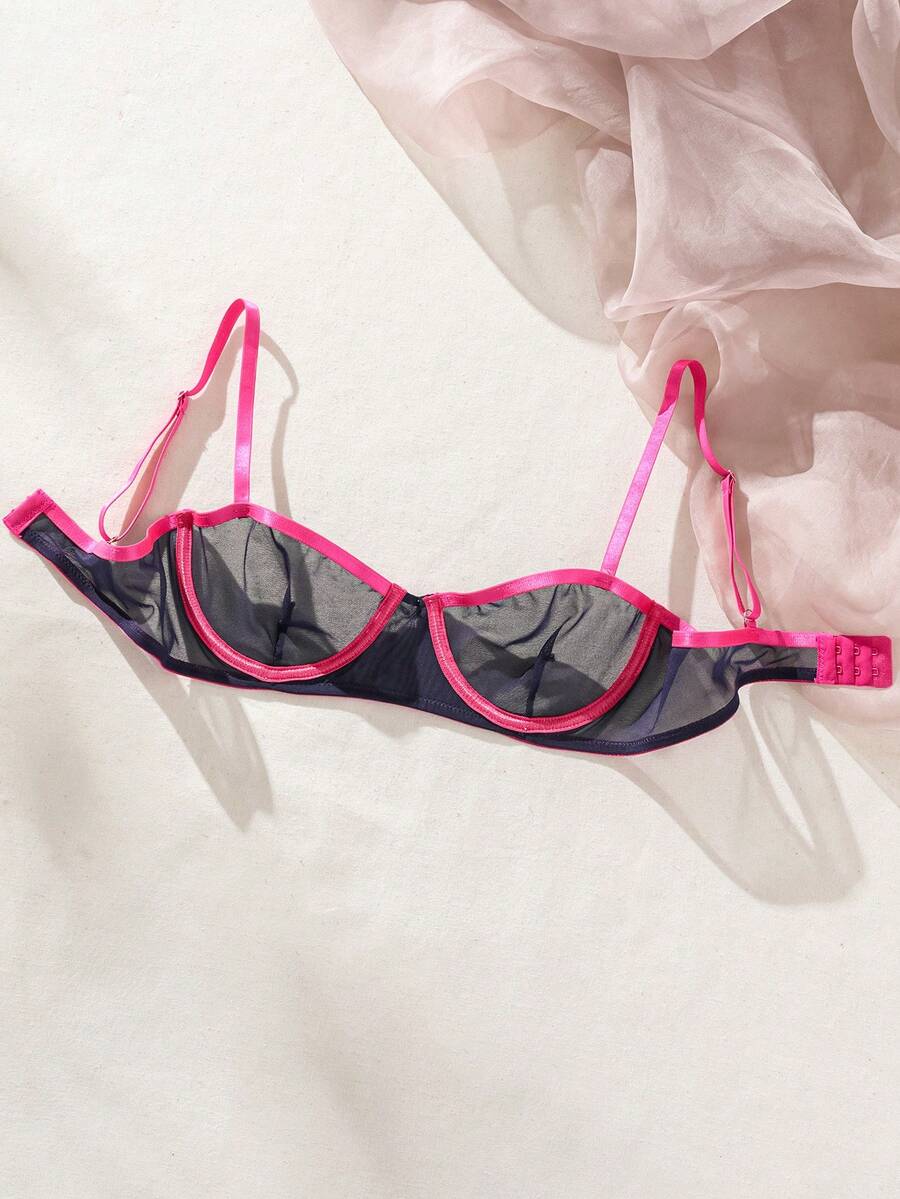 SHEIN Sujetador De Color De Bloque De Malla Con Detalle De Encaje - Azul - Ver 1