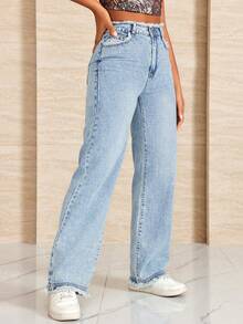 Straight Leg Jeans With Raw Hem Edge - Light Wash - View 6