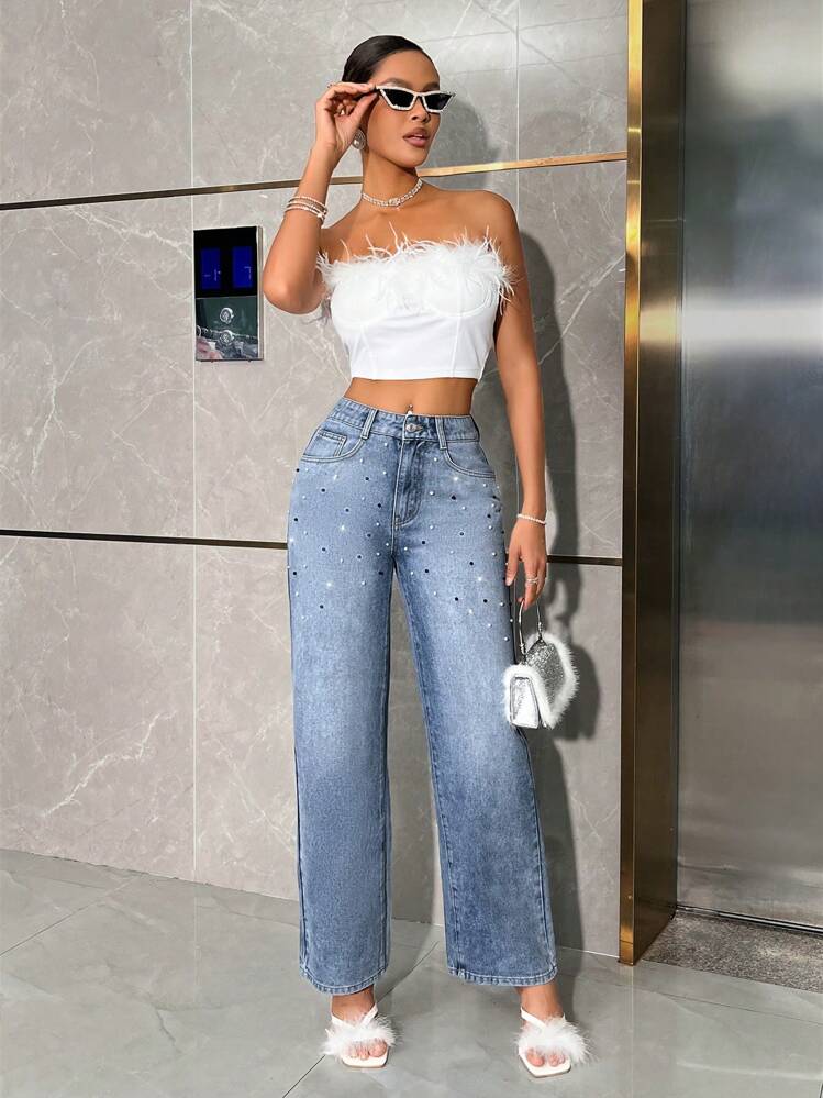 SHEIN BAE Ladies' Rhinestone Embellished Straight Leg Jeans - Blue - View 5