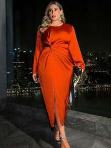 SHEIN Franclia Kích thước lớn Tay áo dài Xa ten Đầm Với Xoắn Chi tiết nút thắt - trái cam - Xem 3