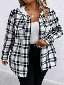 SHEIN LUNE Chaqueta Con Capucha Y Cordón Con Estampado De Cuadrícula De Talla Grande - Blanco y Negro - Ver 6