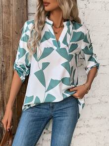 SHEIN LUNE Của phụ nữ In thực vật Áo sơ mi Với Xếp nếp Đường viền cổ có rãnh Và - Nhiều màu - Xem 3