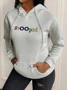 SHEIN LUNE Casual Hooded Sweatshirt With Text Design - Grey - View 1