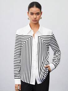 BizChic 條紋圖案釦扣長袖襯衫 - 黑與白 - 查看 5