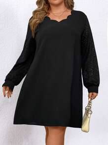 SHEIN LUNE Plus Size Lace Lantern Sleeve Dress With Scallop Hem Detail - Black - View 4