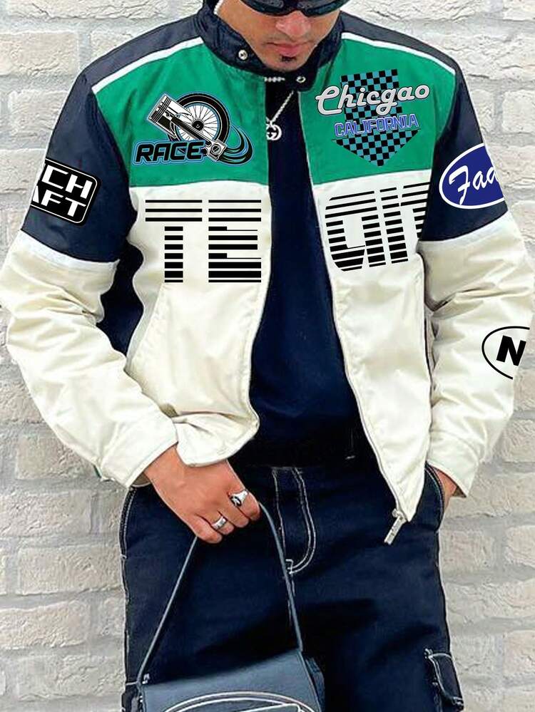 Loose Fit Men's Color Block Jacket With Text And Patchwork Design