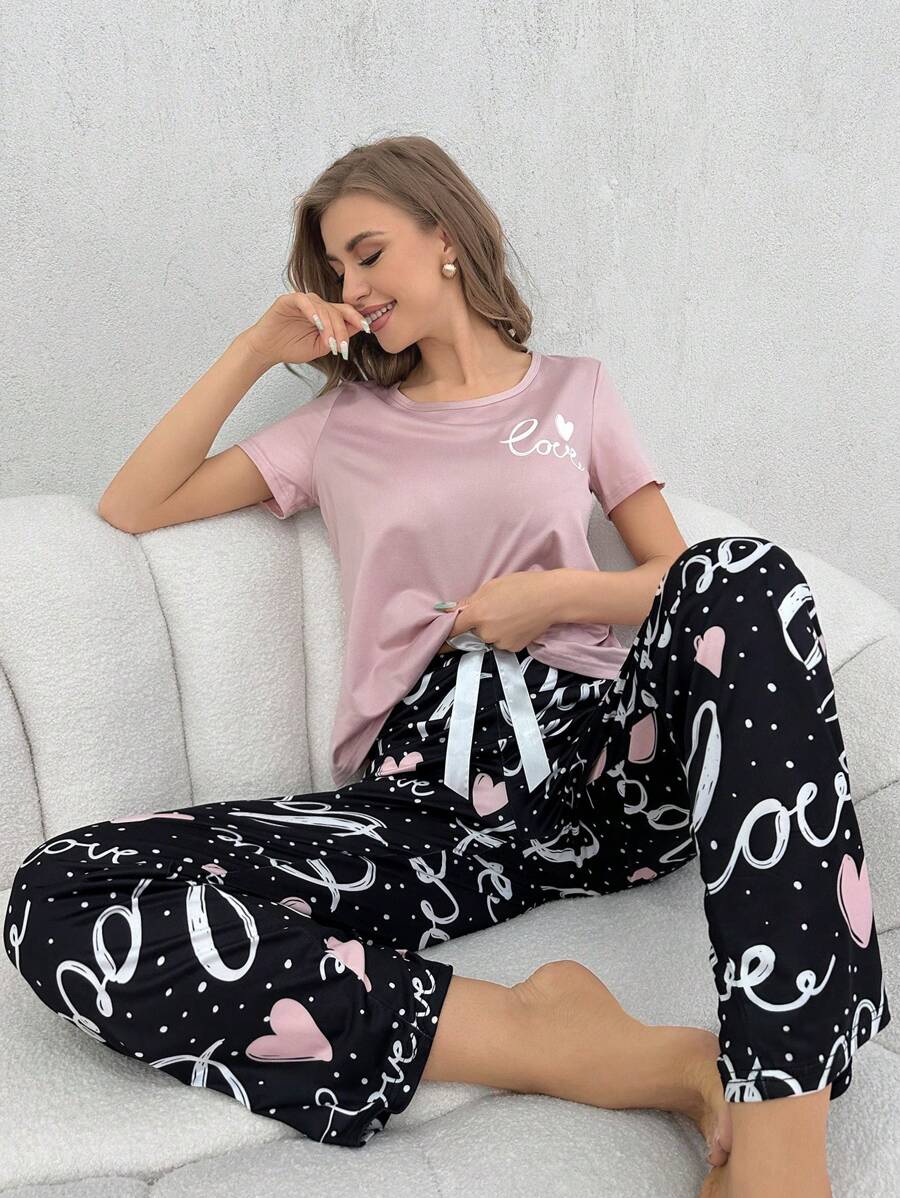 Cute Pink Women Pajama Set With Round Neck Top And Geometric Print Pants For Sleepwear - Pink - View 1