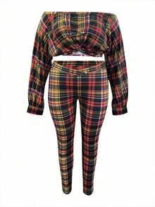 LovelyWholesale Plus Size Plaid Shoulder Top And Pants 2 Pieces Set - Multicolor - View 5