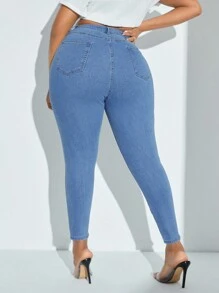 SHEIN SXY 大尺碼仿舊破洞高腰緊身牛仔褲 - 藍色 - 查看 2