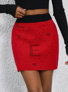 SHEIN Clasi 女式撞色针织字母图案毛衣裙 - 酒紅色 - 查看 1