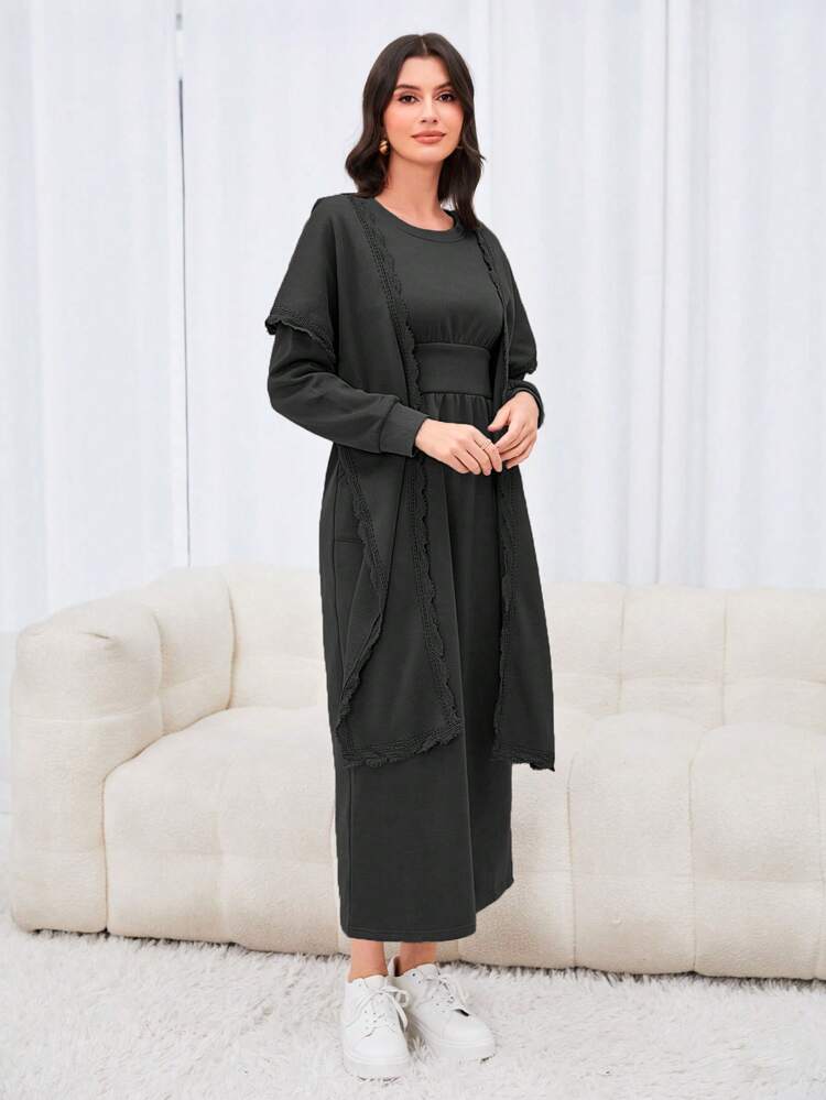 Drop Shoulder Dress With Double Pockets And Hooded Cape Coat With Lace Detailing