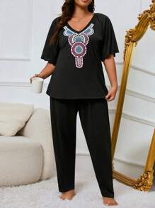 Conjunto de pijama de top de manga raglán con estampado gráfico y pantalones, conjunto de pijama talla grande - Negro - Ver 5