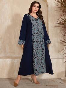 Al Najma Plus Size Floral Print V-Neck Long Sleeve Dress Kaftan Jalabiya Dress - Blue - View 1