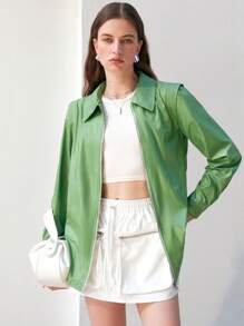 Anewsta Camisa Con Cremallera De Doble Cabeza De Color Liso Para Mujer - Verde - Ver 1