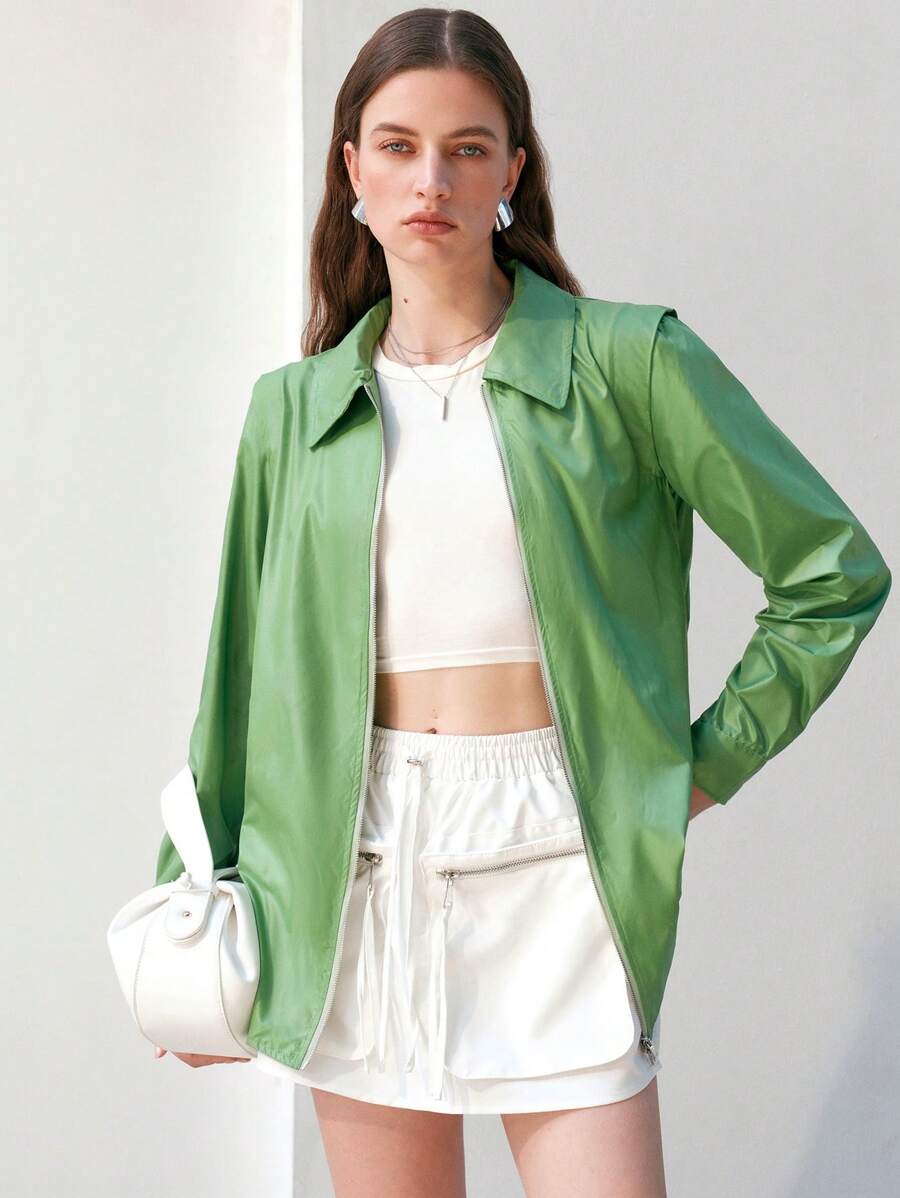 Anewsta Camisa Con Cremallera De Doble Cabeza De Color Liso Para Mujer - Verde - Ver 1