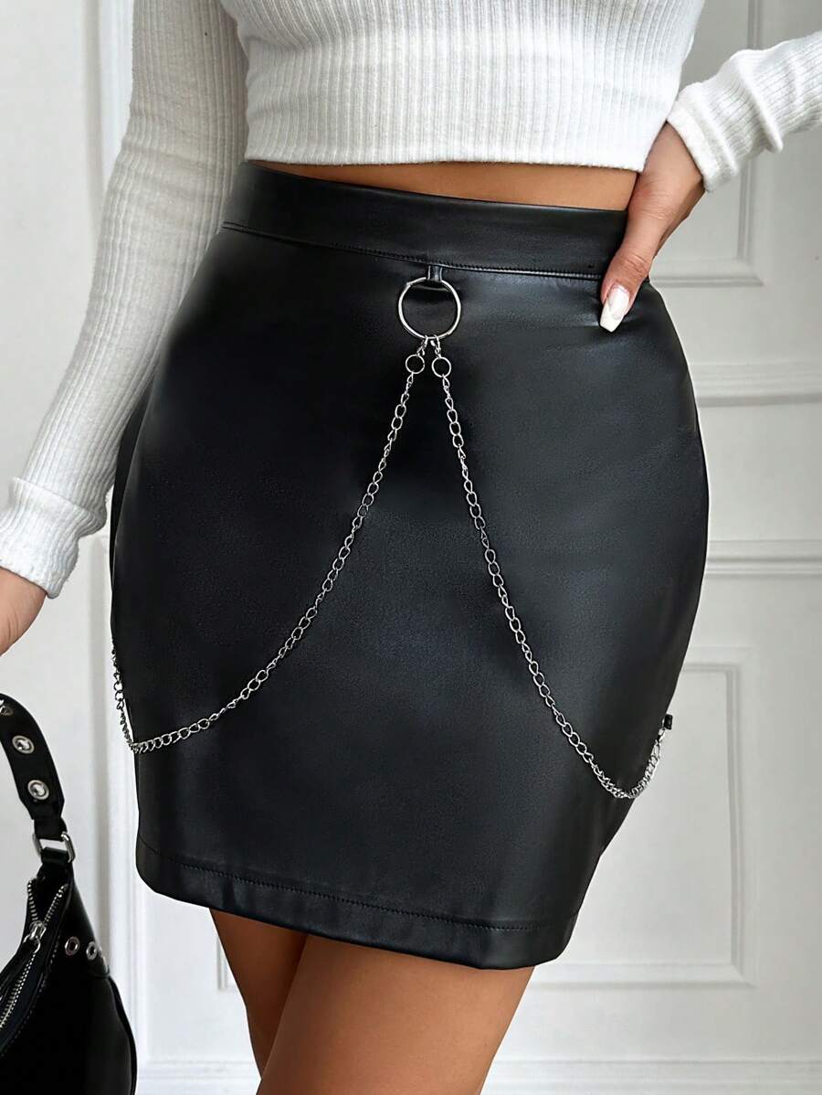 SHEIN Cottnline Women's Pu Leather Skirt With Chain Detail - الأسود - مشاهدة 1