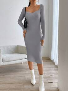 SHEIN Privé Solid Color Knitted Dress With Sweetheart Neck And High Slit - Grey - View 4