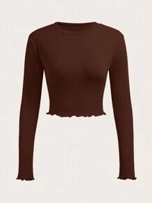 SHEIN EZwear Ladies' Solid Texture Stripe Long Sleeve T-shirt - Brown - View 10