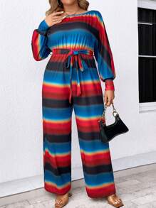 SHEIN LUNE Gestreifter Jumpsuit Mit Langen Ärmeln Und Gürtel Buchstabe Muster - Verschiedenfarbig - Übersicht 5