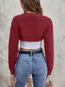 Chiquease Ultra Short Round Neck Drop Shoulder Casual Sweater With Drop Shoulder Knit Pullover Fall Winter Sweater - Burgundy - View 2