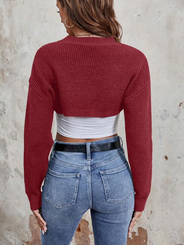 Ultra Short Round Neck Drop Shoulder Casual Sweater With Drop Shoulder Knit Pullover Fall Winter Sweater